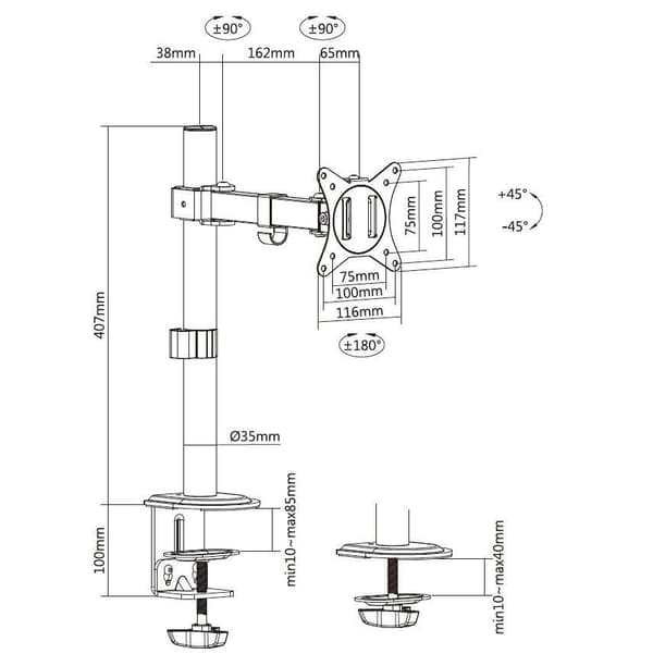 Equip 43.20cm (17")-32" Movable Monitor/LCD Desk Mount - Clamp - 9 kg - 43.2 cm (17") - 81.3 cm (32") - 100 x 100 mm - Black (650156)