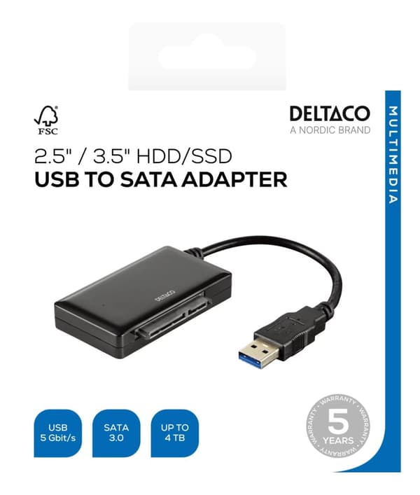 DELTACO USB 3.0 - SATA 6Gb/s sovitin, 2,5/3,5" hdd, musta