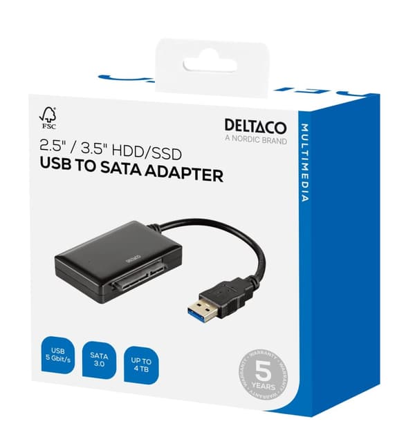 DELTACO USB 3.0 - SATA 6Gb/s sovitin, 2,5/3,5" hdd, musta