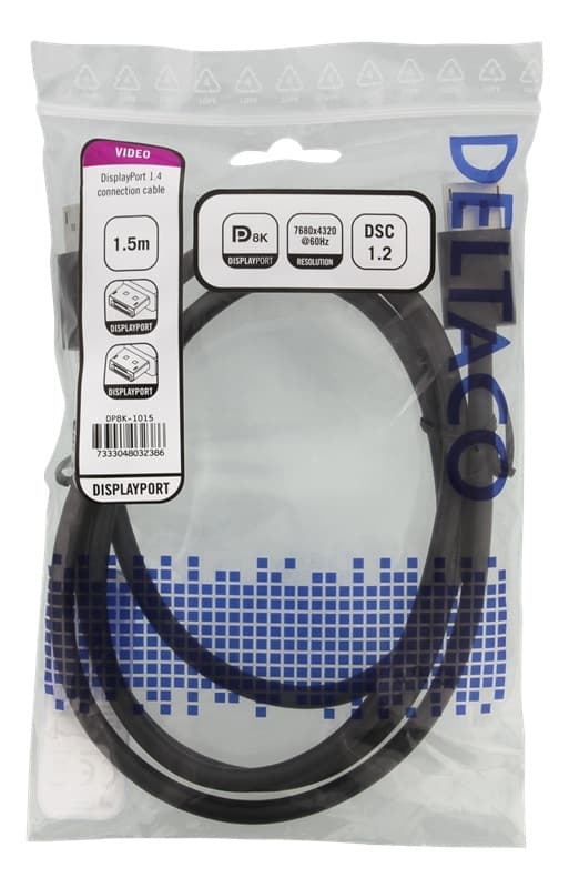 DELTACO DisplayPort-kaapeli, DP 1.4, 7680x4320 60Hz, 1,5m, musta