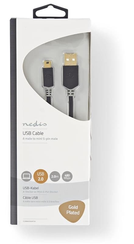 Nedis USB-kabel | USB 2.0 | USB-A Hane | USB Mini-B 5 pin Hane | 480 Mbps | Guldplaterad | 2.00 m | Rund | PVC | Antracit | Kartong med fönster
