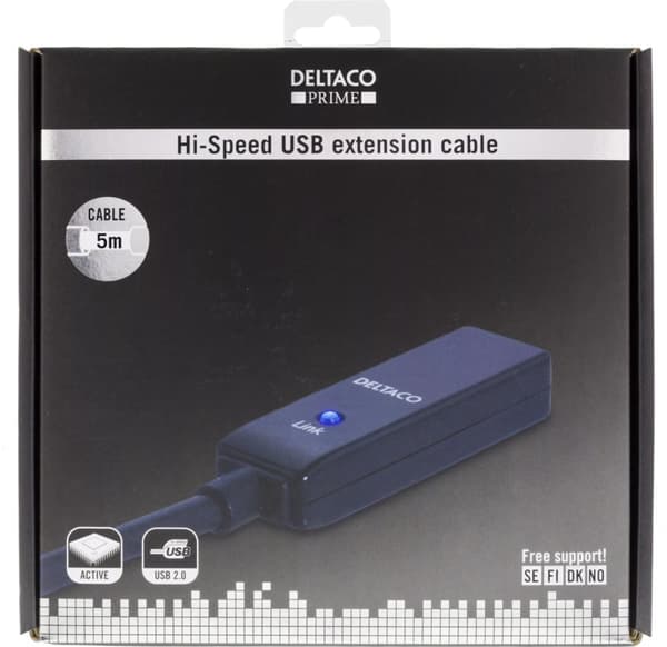 DELTACO PRIME USB förlängningskabel, aktiv, USB 2.0, 5m, svart (USB2-EX5M)