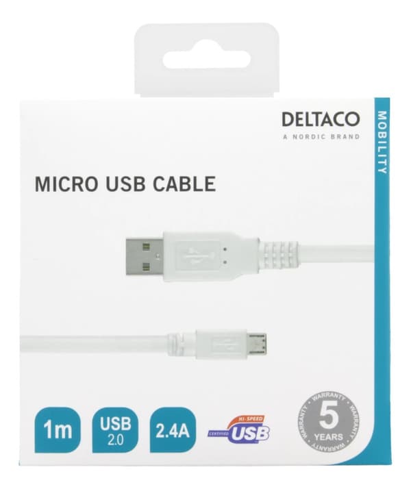 DELTACO USB 2.0 kabel Typ A ha - Typ Micro B ha, 5-pin, 1m, vit (MICRO-100)