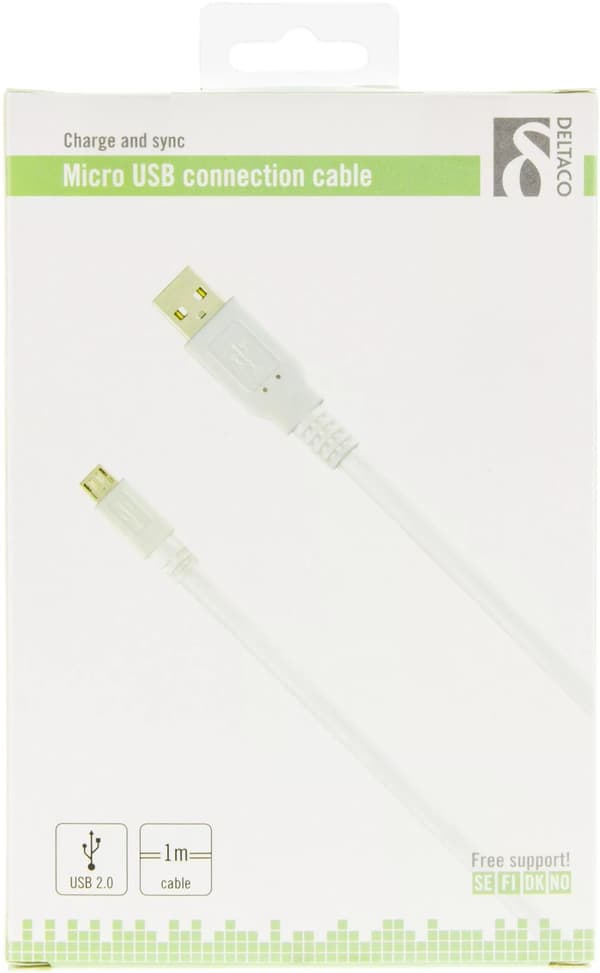 DELTACO USB 2.0 kabel Typ A ha - Typ Micro B ha, 5-pin, 1m, vit (MICRO-100)