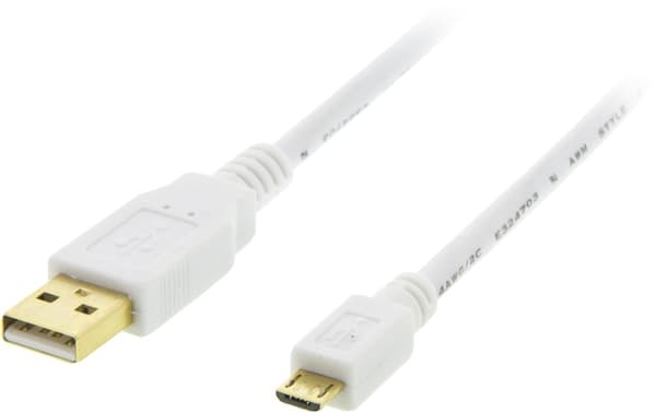 DELTACO USB 2.0 kabel Typ A ha - Typ Micro B ha, 5-pin, 1m, vit (MICRO-100)