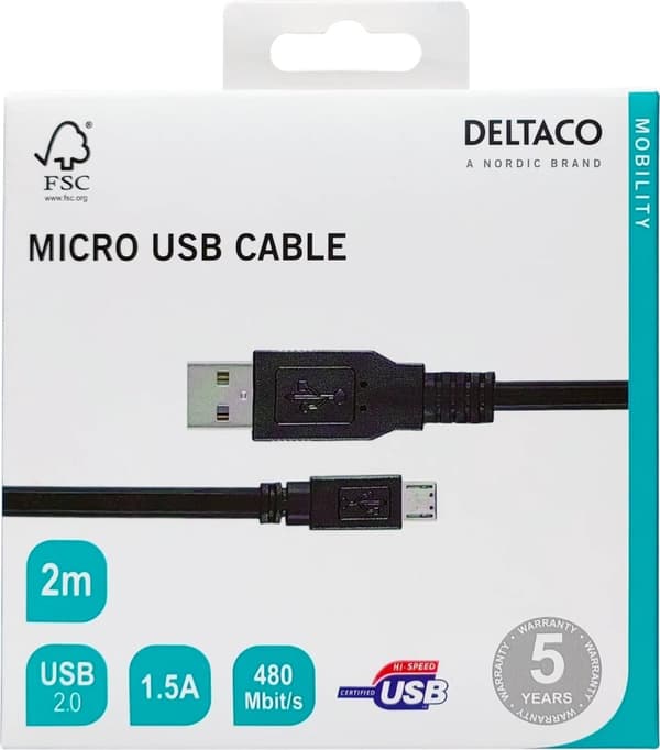 DELTACO USB 2.0 kabel Typ A ha - Typ Micro B ha, 5-pin, 2m, svart (MICRO-103)