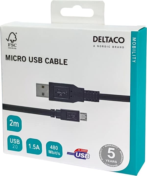 DELTACO USB 2.0 kabel Typ A ha - Typ Micro B ha, 5-pin, 2m, svart (MICRO-103)