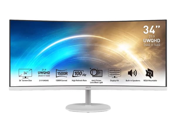 MSI PRO MP341CQWDE - LED-skjerm - kurvet - 34" - 3440 x 1440 UWQHD @ 100 Hz - VA - 300 cd/m² - 3000:1 - 4 ms - 2xHDMI, DisplayPort - høyttalere - hvi