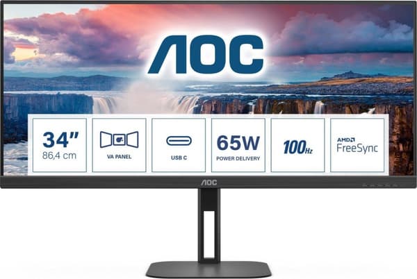 AOC U34V5C - 86,40 cm (34") WQHD-skærm, højttaler, højdejusterbar (3440x1440, 100 Hz, DisplayPort, HDMI, USB-C, USB-hub) Sort [Energiklasse G] (U34V5C Sort
