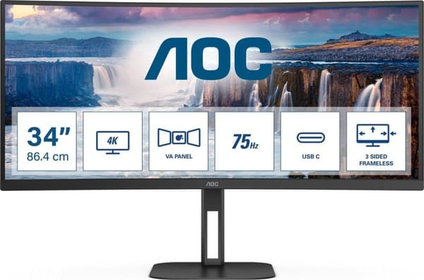 AOC CU34V5C - 86,40 cm (34") WQHD kurvad bildskärm, högtalare, höjdjusterbar (3440x1440, 100 Hz, HDMI, DisplayPort, USB-C, USB-hubb) Svart [Energiklas Svart