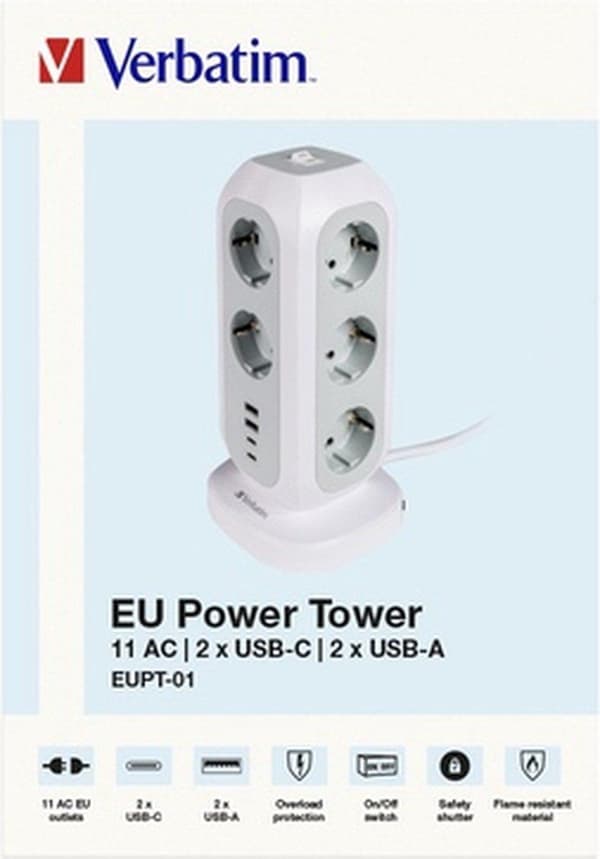 Verbatim EU Power Tower 11AC EUPT-01 med 2xUSB-C, 2xUSB-A detailhandel (49547)