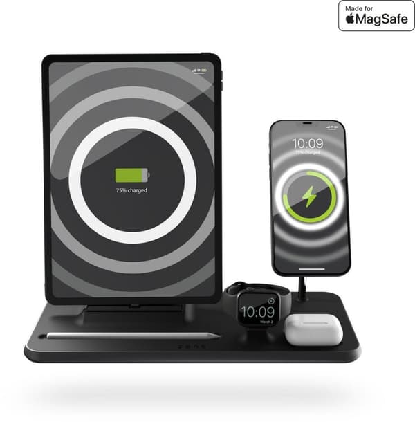Zens 4in1 MagSafe + iPad trådlös laddare Aluminium 45W Svart | Skicka för iPhone 14/13/12 (15W) | Apple iWatch Series Ultra/SE/8//7/6/5/4/3/2/1 | AirP
