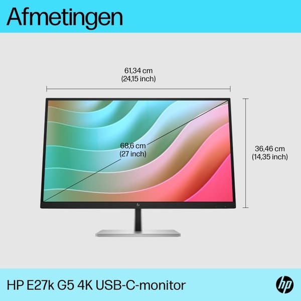 HP E27k G5 E-sarjan LED-näyttö 68,6 cm 68,60 cm (27") katseltavissa 3840 x 2160 4K UHD 2160p @ 60 Hz IPS 350 cd/m² 1000:1 5 ms HDMI DisplayPort USB-C
