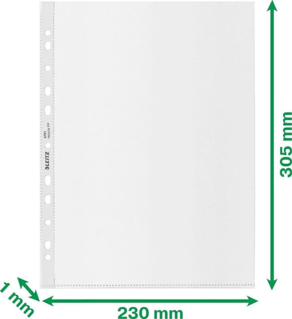 Leitz 47913003. Format: 210 x 297 mm (A4), Produktens färg: Transparent, Material: Polypropen (PP). Bredd: 230 mm, tjocklek: 1 mm, höjd: 305 mm (47913