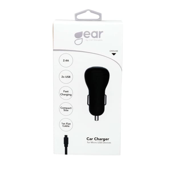 Gear Laddare 12-24V 2xUSB 2,4A Svart MicroUSB Kabel platt 1m