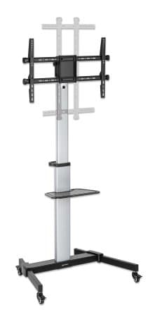MANHATTAN multimedie-tv-stativ i aluminium på hjul Til skærme fra 94,00 cm (37") til 218,40 cm (86") og op til 50 kg, kan vippes -10 til 5°, drejes 90