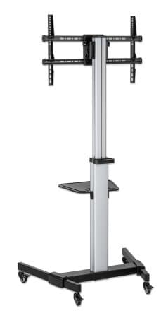 MANHATTAN multimedie-tv-stativ i aluminium på hjul Til skærme fra 94,00 cm (37") til 218,40 cm (86") og op til 50 kg, kan vippes -10 til 5°, drejes 90