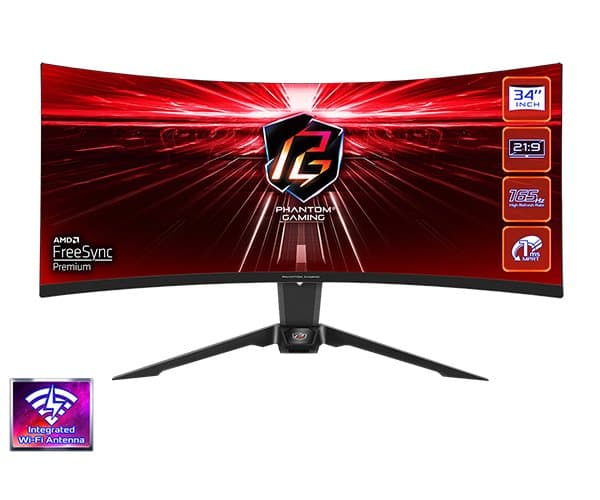Phantom Gaming by Asrock monitor PG34WQ15R2B prohnutý 34"/ VA/3440x1440/165Hz/550cd/m2/1ms/ 8bit/DP/2x HDMI/wifi ant. Sort
