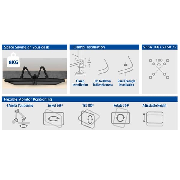 Monitor desk mount, 2 screens up to 32", VESA