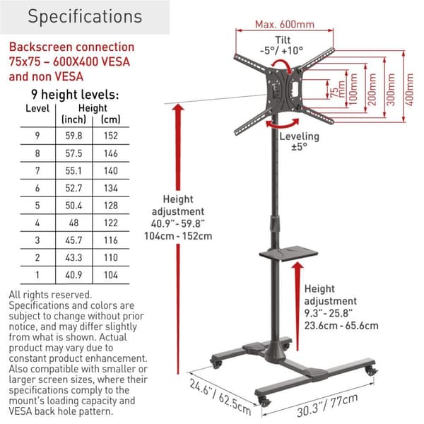 Barkan Mobile TV Mount Cart+Self 32"-83", "SW411H"