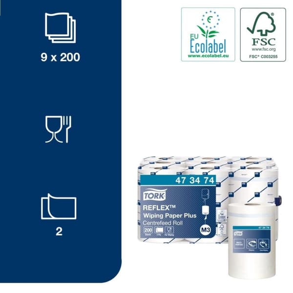 Tork Reflex™ Plus Mini Centerfeed Poetry Paper Hvid M3, multifunktionelt, 9 x 200 forseglet (473474)