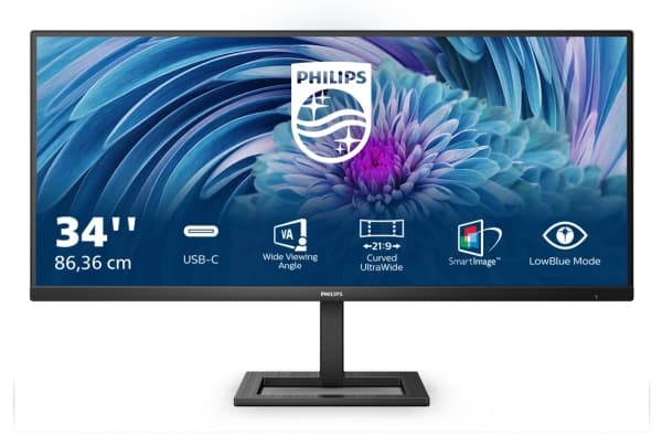 Philips E-line 346E2LAE - LED-skjerm - 34" - 3440 x 1440 WQHD @ 100 Hz - VA - 300 cd/m² - 4000:1 - 1 ms - HDMI, DisplayPort, USB-C - høyttalere - tek