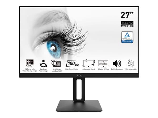 MSI PRO MP271AP - LED-skjerm - 27" - 1920 x 1080 Full HD (1080p) @ 100 Hz - IPS - 300 cd/m² - 1000:1 - 1 ms - HDMI, VGA, DisplayPort - høyttalere Sort