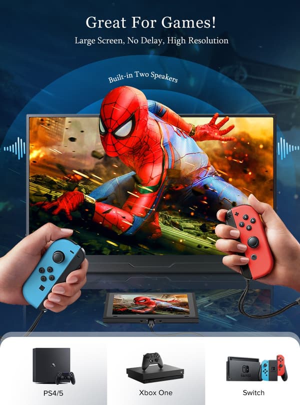 Bärbar Spelmonitor, FHD 1920x1080 Upplösning, IPS Skärm,EU-kontakt