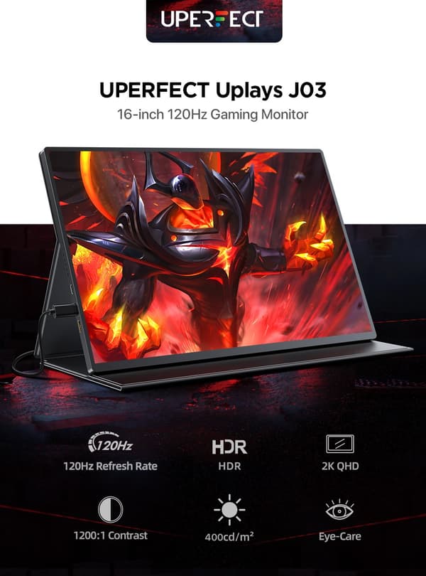 Bærbar Spilmonitor, 2.5K Opløsning, 120Hz Opdateringsfrekvens,EU-stik