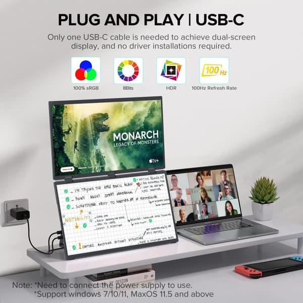 Dual Skærm Monitor, 18,5 Tommer Full HD, USB-C og Mini HDMI Forbindelse,EU-stik