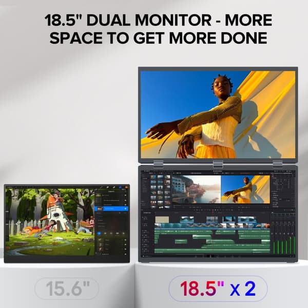 Dual Skærm Monitor, 18,5 Tommer Full HD, USB-C og Mini HDMI Forbindelse,EU-stik