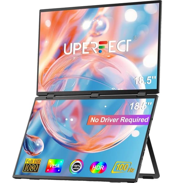Dual Skærm Monitor, 18,5 Tommer Full HD, USB-C og Mini HDMI Forbindelse,EU-stik
