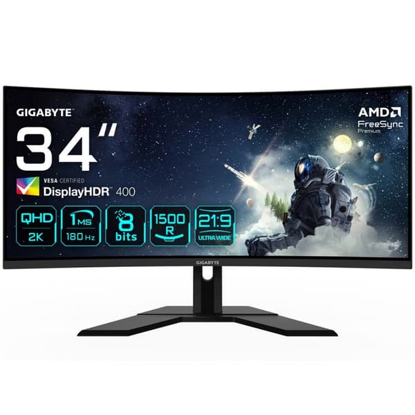 Spelskärm - GIGABYTE - G34WQCP - 34" böjd - WQHD 3440 x 1440 - 180Hz 1ms FreeSync Premium Svart