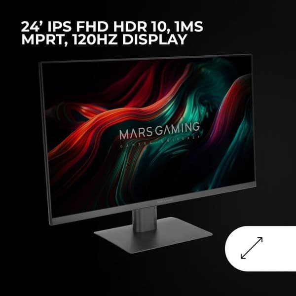 Mars Gaming MV-24, Skärm 24" IPS FHD 120Hz, HDR10 1ms, FreeSync + G-Sync, Inbyggda Högtalare, Lutning 25°, Låg Blå Ljus, Svart