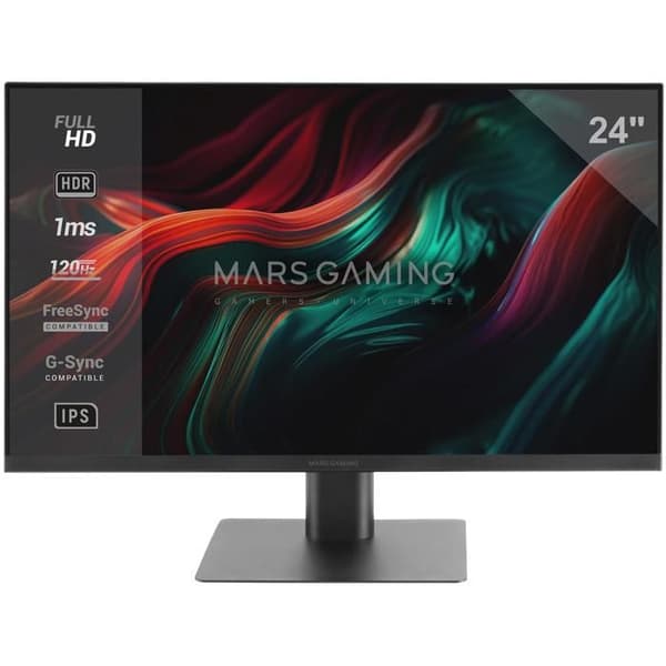 Mars Gaming MV-24, Skärm 24" IPS FHD 120Hz, HDR10 1ms, FreeSync + G-Sync, Inbyggda Högtalare, Lutning 25°, Låg Blå Ljus, Svart