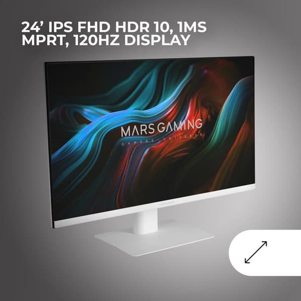Mars Gaming MV-24, Skärm 24" IPS FHD 120Hz, HDR10 1ms, FreeSync + G-Sync, Inbyggda Högtalare, Lutning 25°, Low Blue Light, Vit