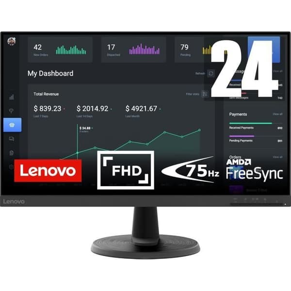 Lenovo D24-40 - 24-tums Full HD VA-skärm, 75Hz, 4ms, HDMI+VGA, AMD FreeSync, lutning justering, svart Svart