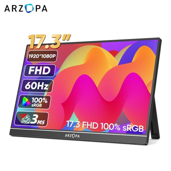 ARZOPA Bärbar Skärm, Full HD 1080P Upplösning, IPS Skärmteknologi,17,3 1080P 100sRGB