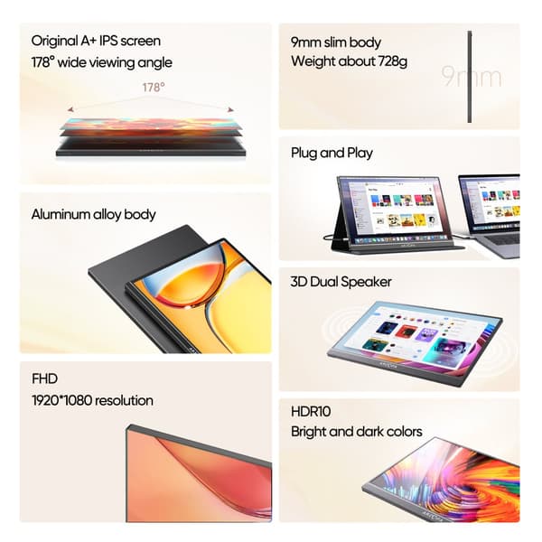 ARZOPA 15,6 tum Bärbar Skärm, 1080P FHD Upplösning, Ultratunn Design,15.6 S1 Tabell