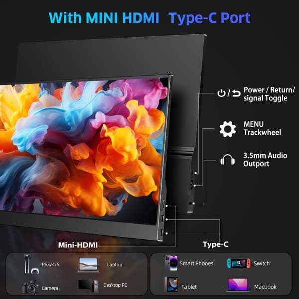 Bærbar Skærm, FHD 1080P Opløsning, Ultra-Tynd IPS Skærm,EU-stik
