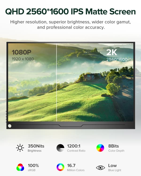 UPERFECT Bärbar Skärm, 16" 2560x1600 QHD Display, Lätt och Kompatibel med Flera Enheter,EU-kontakt