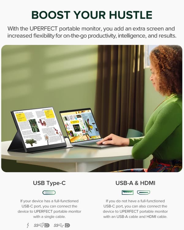 UPERFECT Bärbar Skärm, 16" 2560x1600 QHD Display, Lätt och Kompatibel med Flera Enheter,EU-kontakt