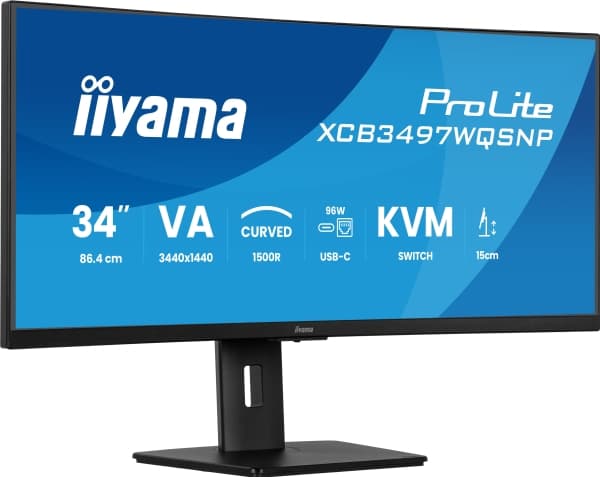 iiyama ProLite XCB3497WQSNP-B1 - LED-skärm - böjd - 34" - 3440 x 1440 UWQHD @ 120 Hz - VA - 350 cd/m² - 3000:1 - 0.4 ms - HDMI, DisplayPort, USB-C -