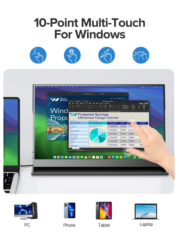 Bærbar Touchscreen Skærm, 15,6 Tommer IPS Display, 1920 x 1080 Opløsning,EU-stik