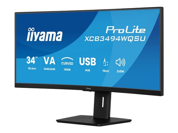 34 in UW Curved VA-panel, 3440x1440@120Hz, 350cd/m², 0,4ms MPRT, Speakers, DisplayPort, 2xHDMI, USB HUB (2x 3.2 2xC), Adaptive Sync. 15cm Height Adj. musta
