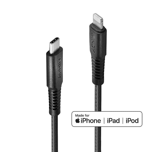 Lindy - Lightning-kabel - USB-C hane till Lightning hane - 3 m - skärmad - svart - rund, stöder Power Delivery 2.0 - för Apple iPad/iPhone/iPod (Light