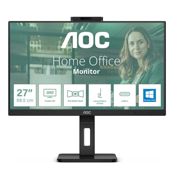 AOC Q27P3CW 68,6 cm (27") computerskærm med webcam - 2560 x 1080 pixel Quad HD LED Sort [Energiklasse F] (Q27P3CW) Sort