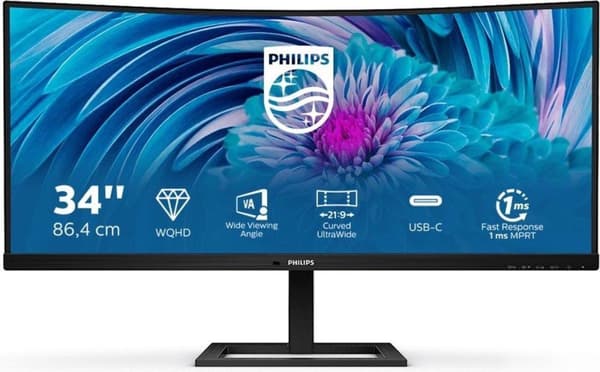 Philips E-line 346E2CUAE - LED-skærm - buet - 86,36 cm (34") - 3440 x 1440 Ultra WQHD @ 100 Hz - VA - 300 cd/m² - 3000:1 - 1 ms - HDMI, DisplayPort, U Sort