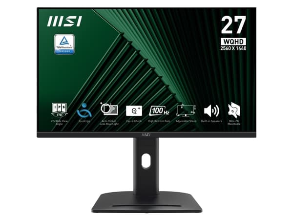 MSI Pro MP275QPG 27 Inch Monitor, QHD (2560 x 1440), 100Hz, IPS, 1ms, 2x HDMI 2.0b, 1x DP 1.2a output, Built-in Speakers, Anti-Glare, Anti-Flicker, L