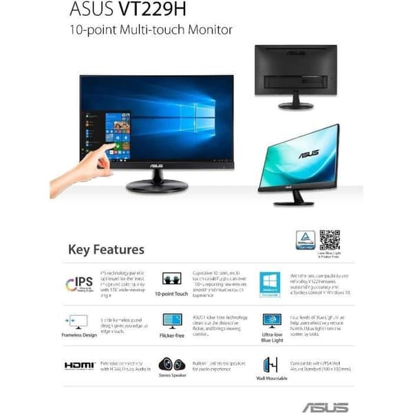 ASUS VT229H 54,6 cm (21,5") 16:9 5 ms GTG LCD-pekskärm - Kapacitiv - Multi-touch-skärm - 1920 x 1080 upplösning - Full HD